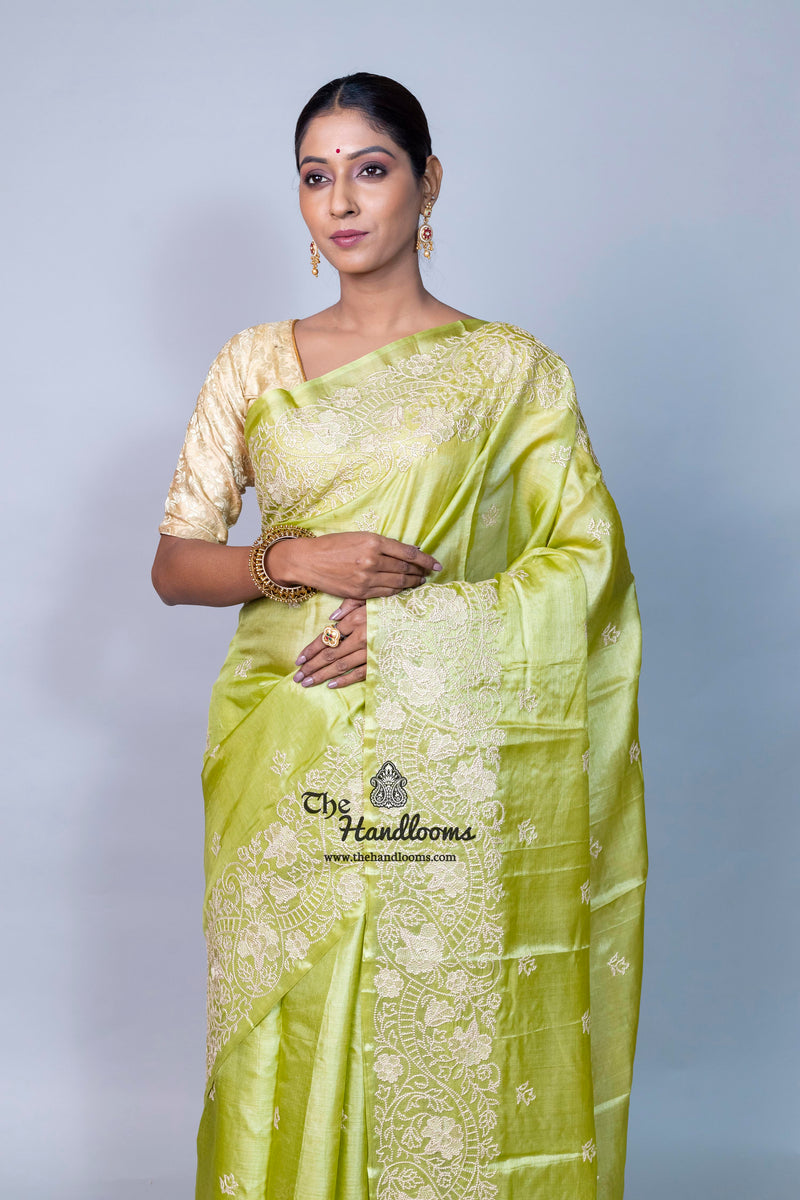 Tussar Silk Handloom Banarasi Saree With Chikankari