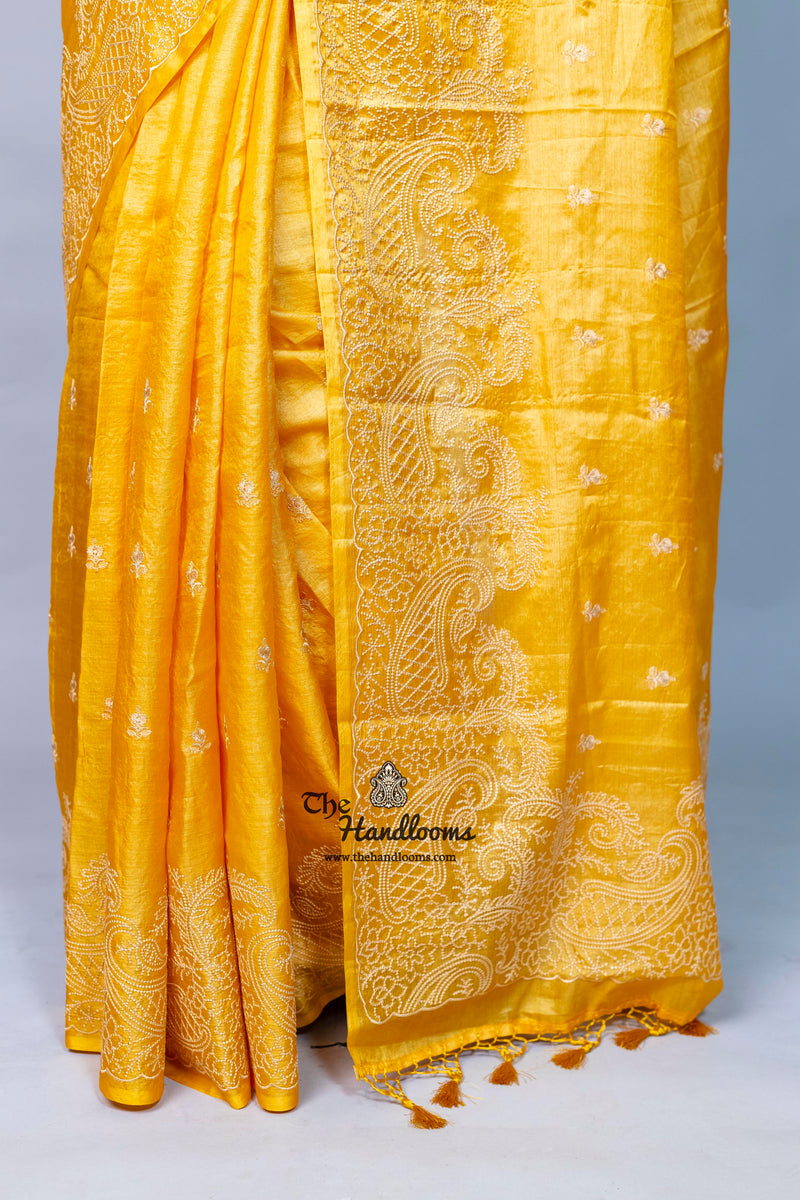 Tussar Silk Handloom Banarasi Saree With Chikankari