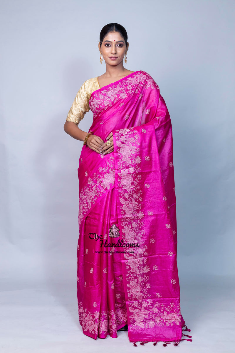 Tussar Silk Handloom Banarasi Saree With Chikankari
