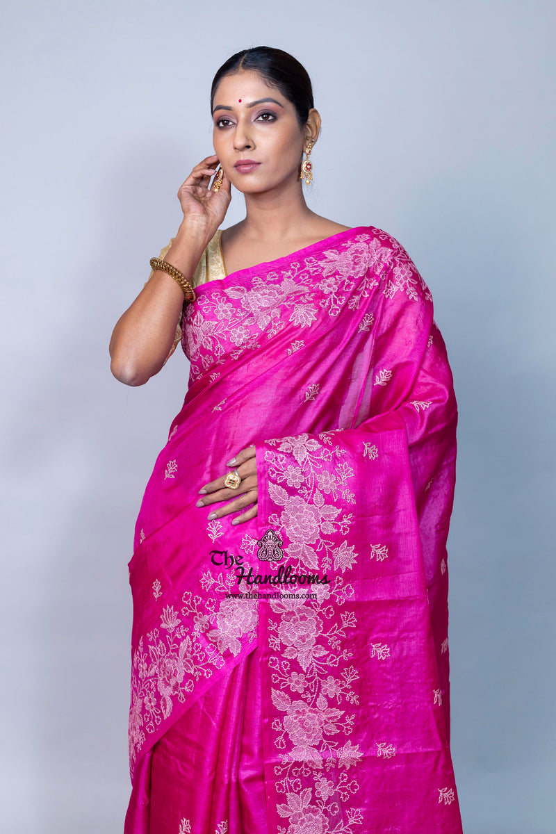 Tussar Silk Handloom Banarasi Saree With Chikankari