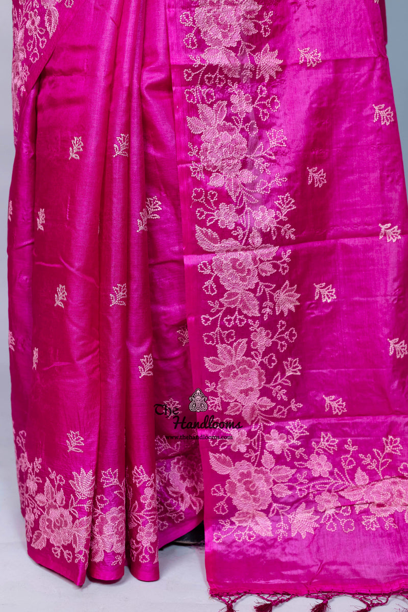 Tussar Silk Handloom Banarasi Saree With Chikankari