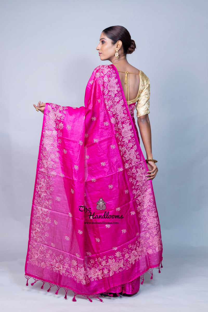 Tussar Silk Handloom Banarasi Saree With Chikankari