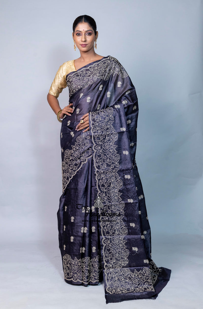 Tussar Silk Handloom Banarasi Saree With Chikankari