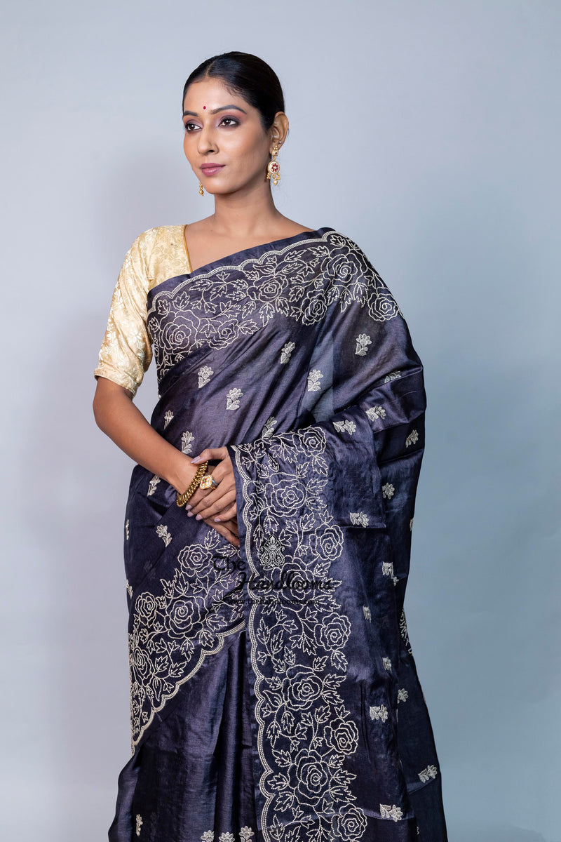 Tussar Silk Handloom Banarasi Saree With Chikankari