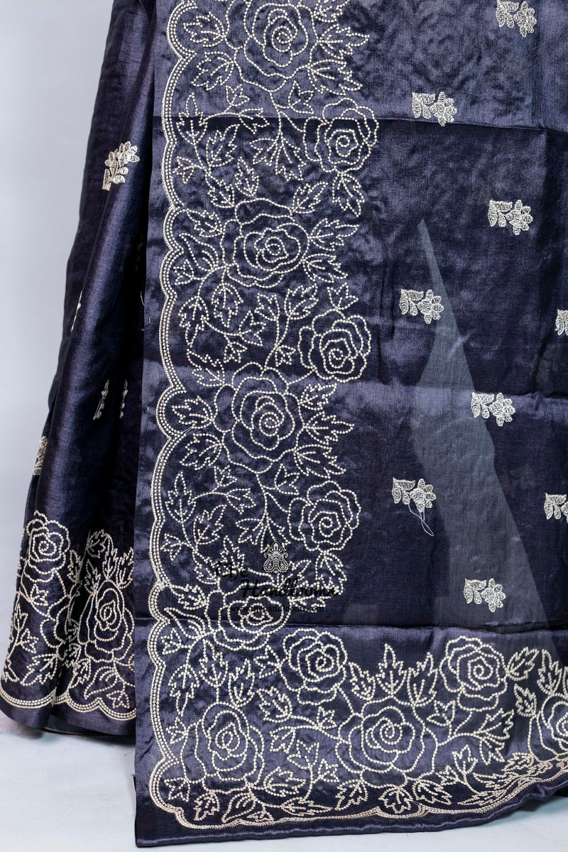 Tussar Silk Handloom Banarasi Saree With Chikankari