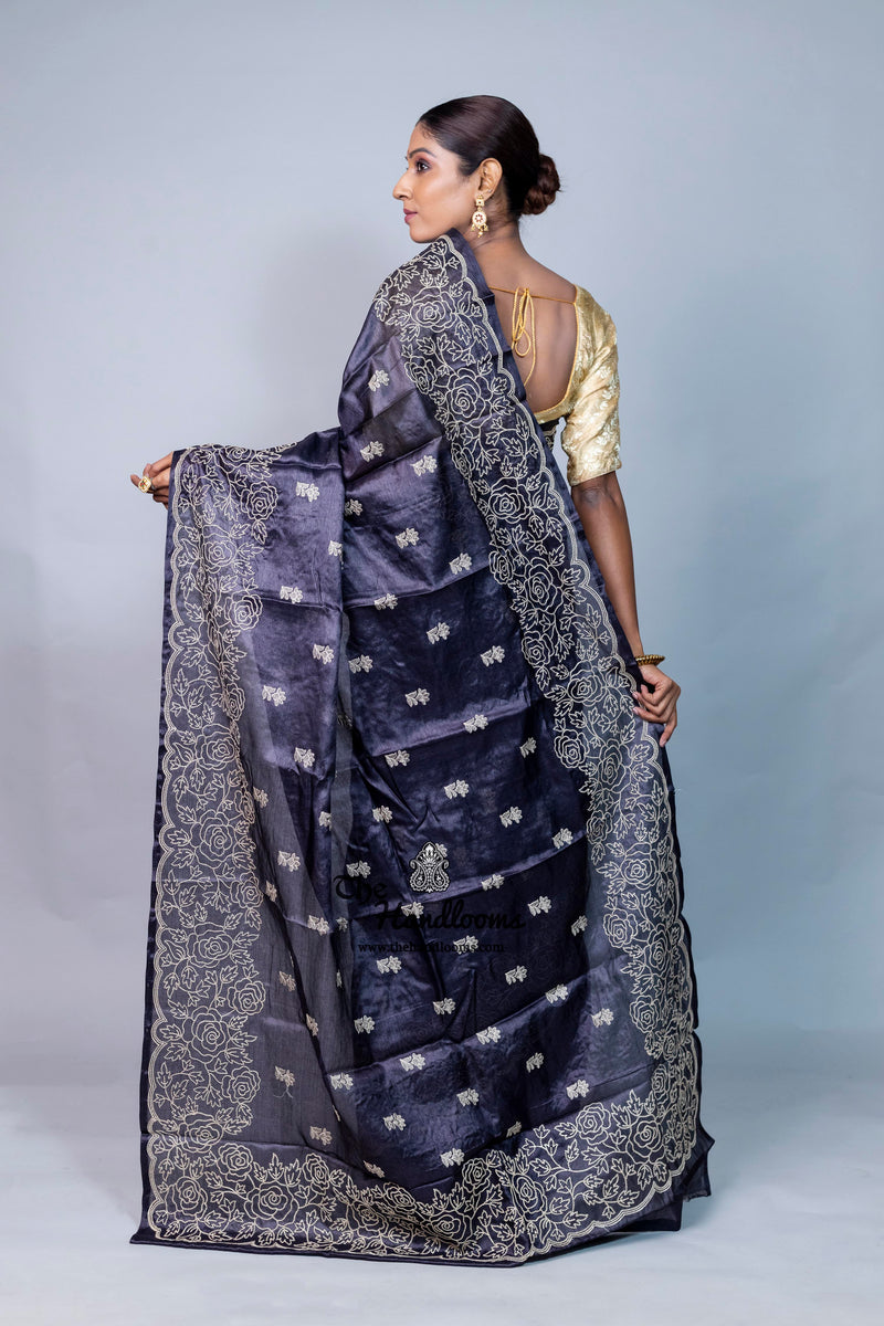 Tussar Silk Handloom Banarasi Saree With Chikankari