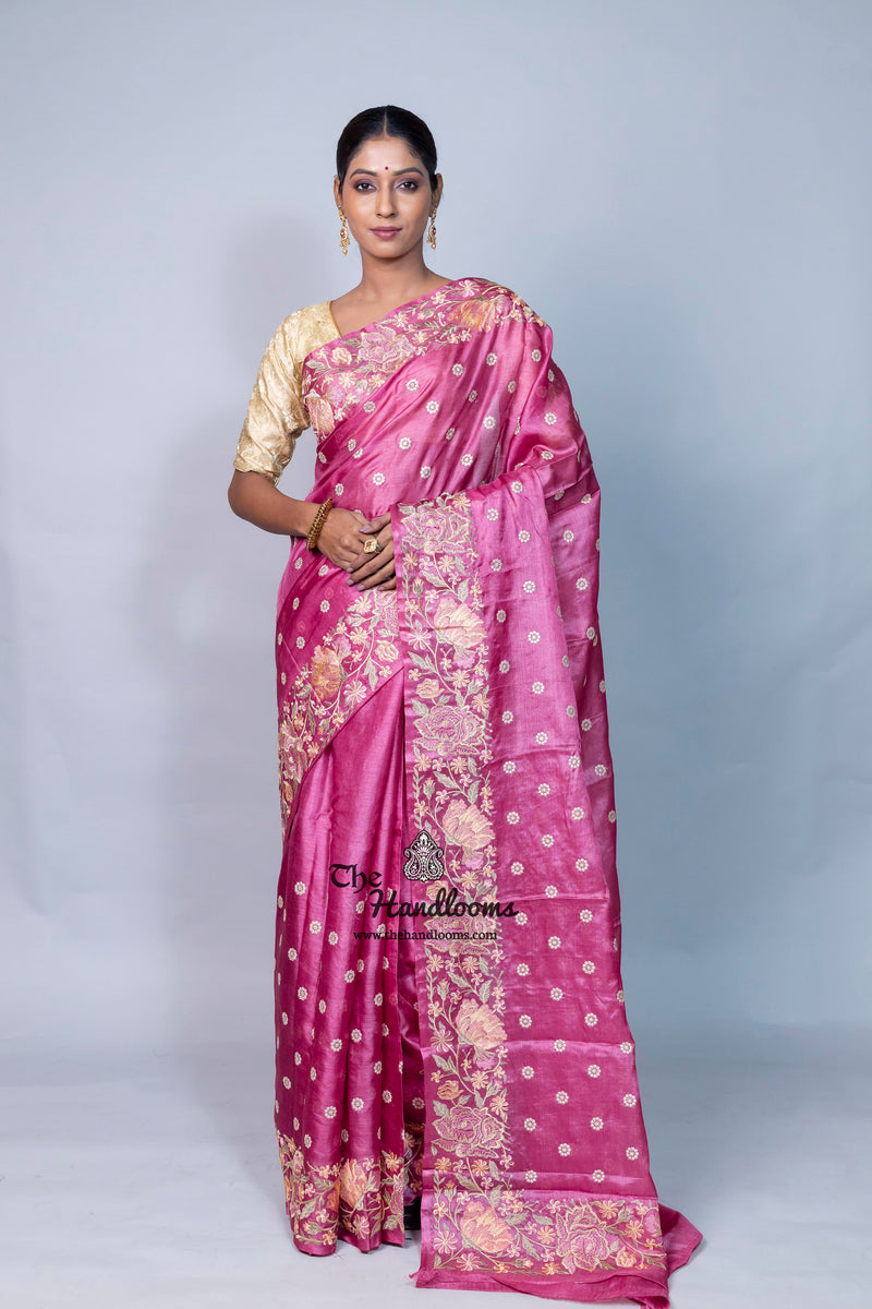 Tussar Silk Handloom Banarasi Saree With Chikankari