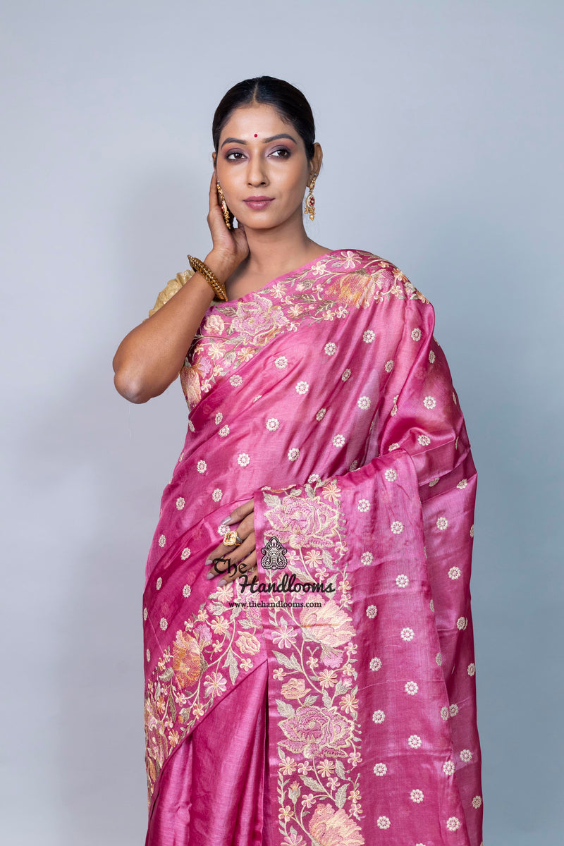 Tussar Silk Handloom Banarasi Saree With Chikankari