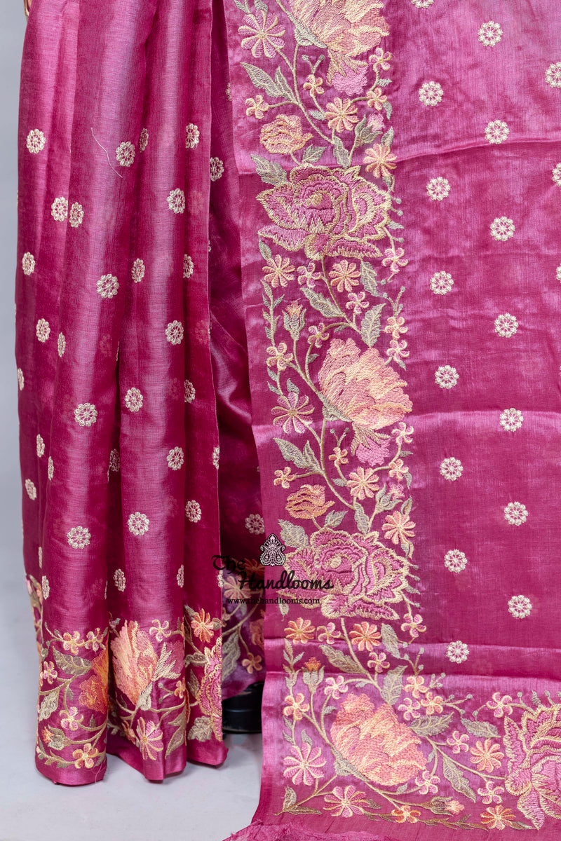Tussar Silk Handloom Banarasi Saree With Chikankari