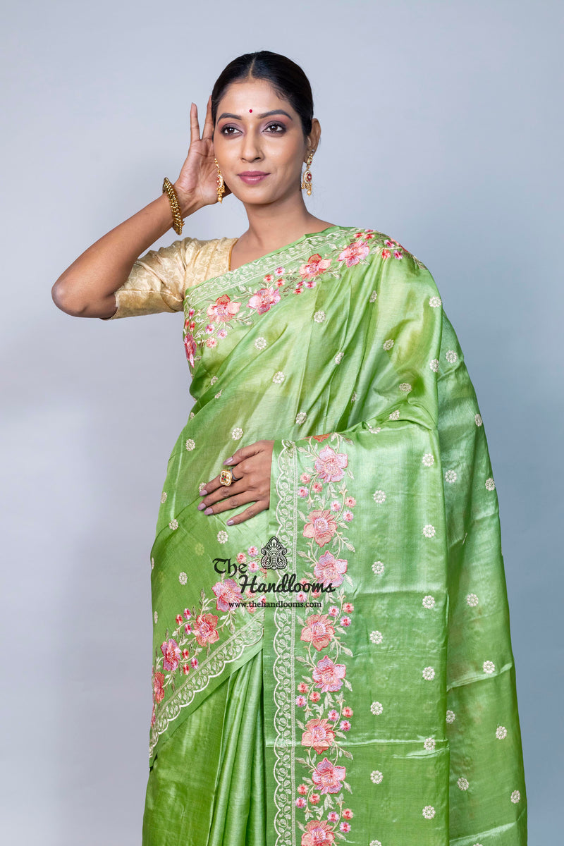 Tussar Silk Handloom Banarasi Saree With Chikankari