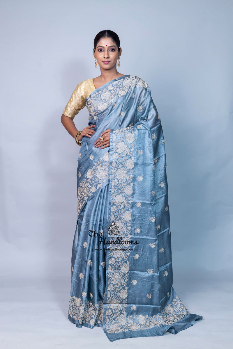 Tussar Silk Handloom Banarasi Saree With Chikankari