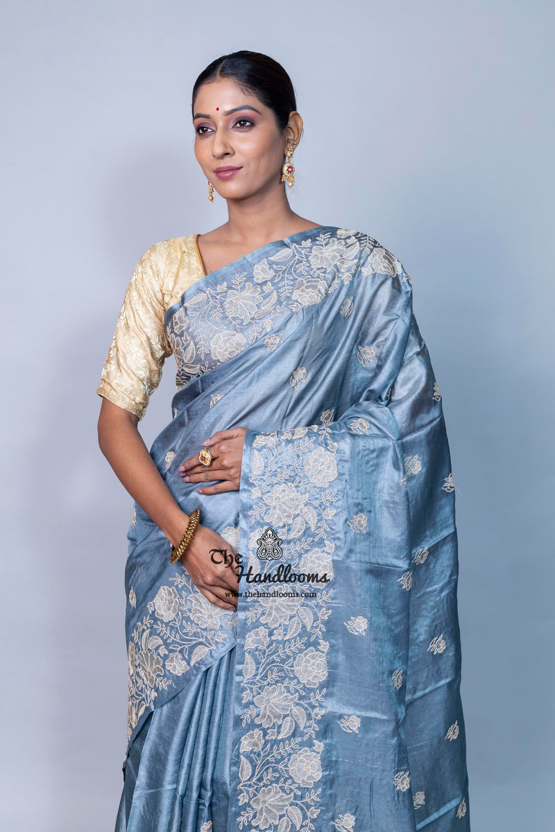 Tussar Silk Handloom Banarasi Saree With Chikankari
