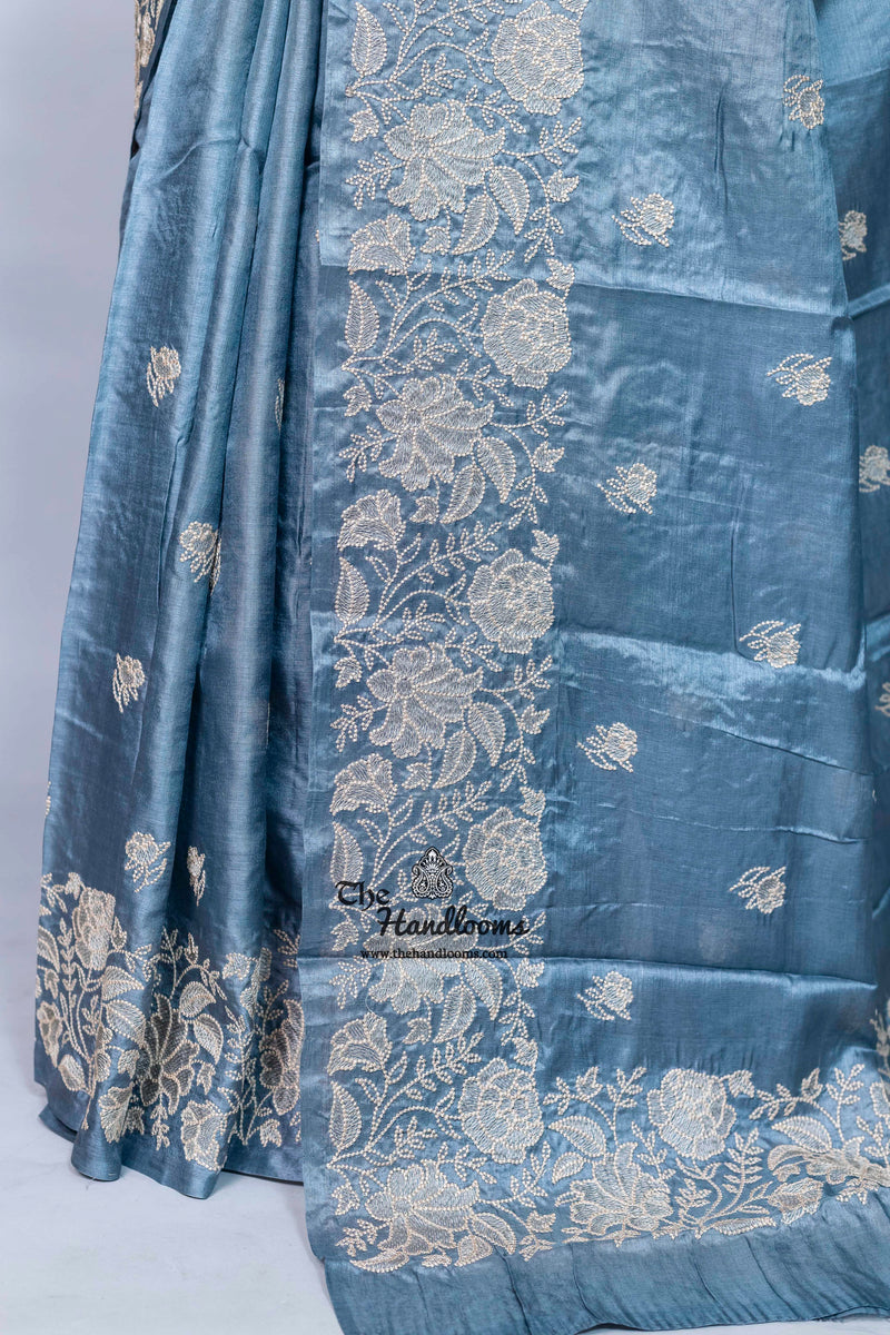 Tussar Silk Handloom Banarasi Saree With Chikankari