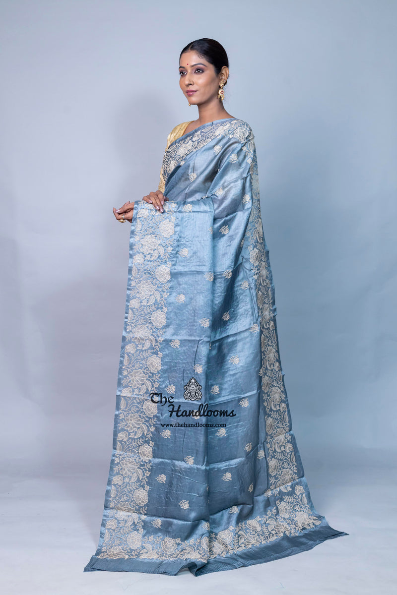 Tussar Silk Handloom Banarasi Saree With Chikankari