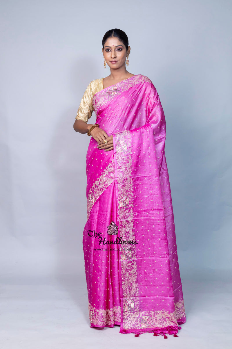 Tussar Silk Handloom Banarasi Saree With Chikankari