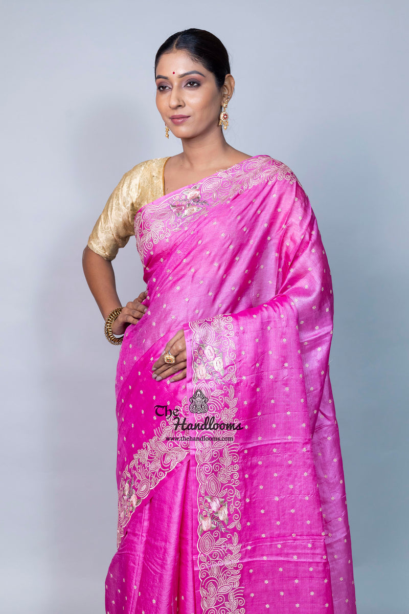 Tussar Silk Handloom Banarasi Saree With Chikankari