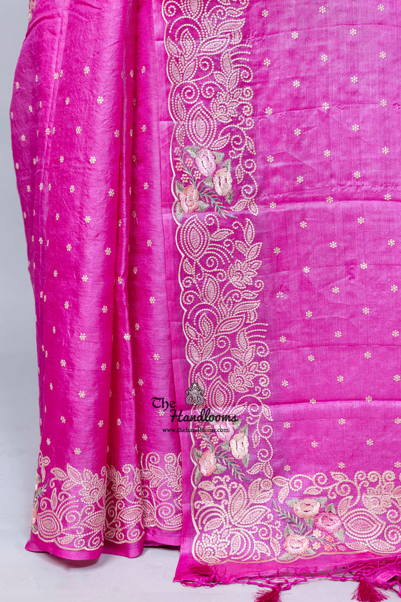 Tussar Silk Handloom Banarasi Saree With Chikankari