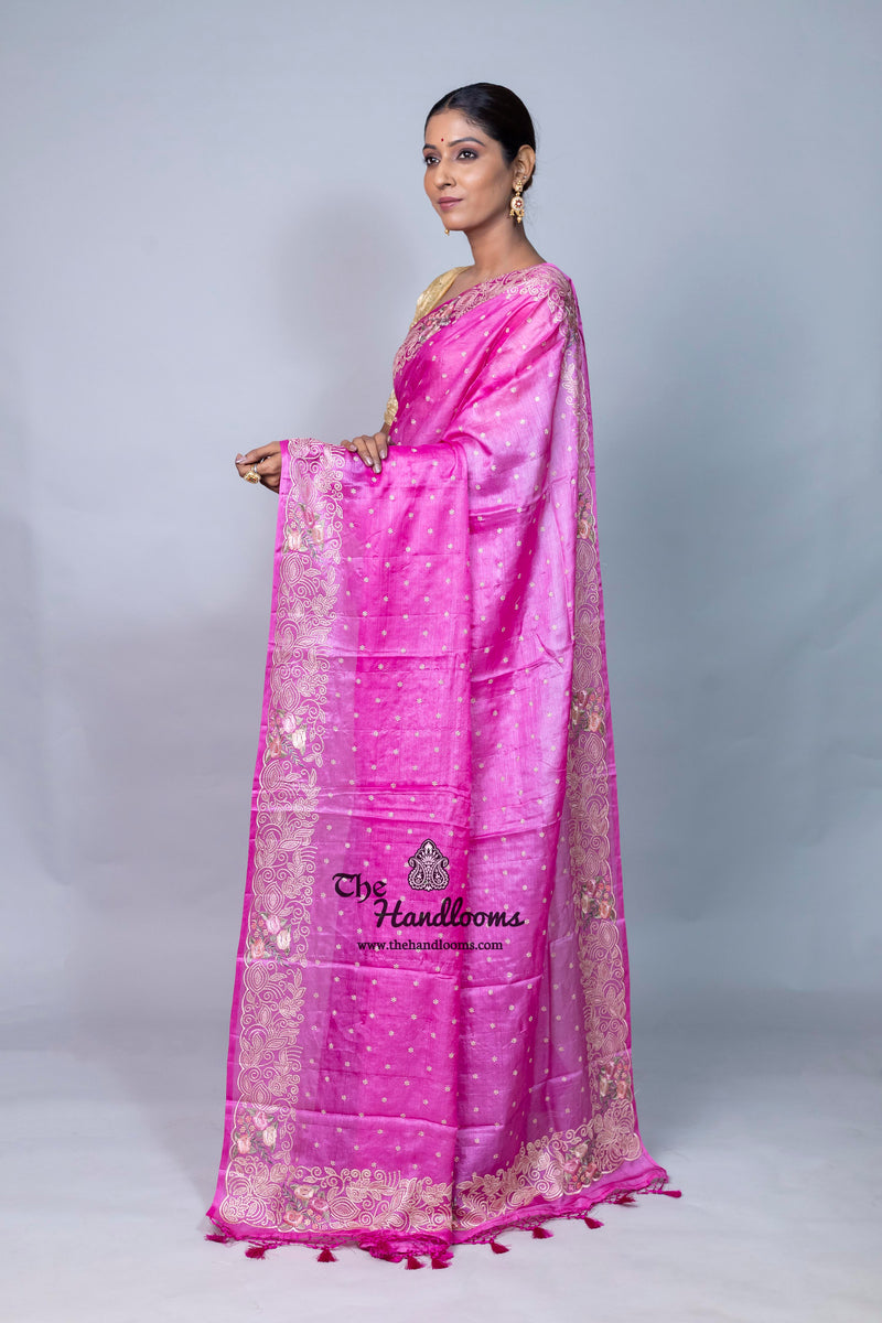 Tussar Silk Handloom Banarasi Saree With Chikankari