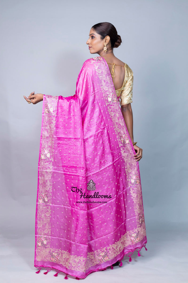 Tussar Silk Handloom Banarasi Saree With Chikankari