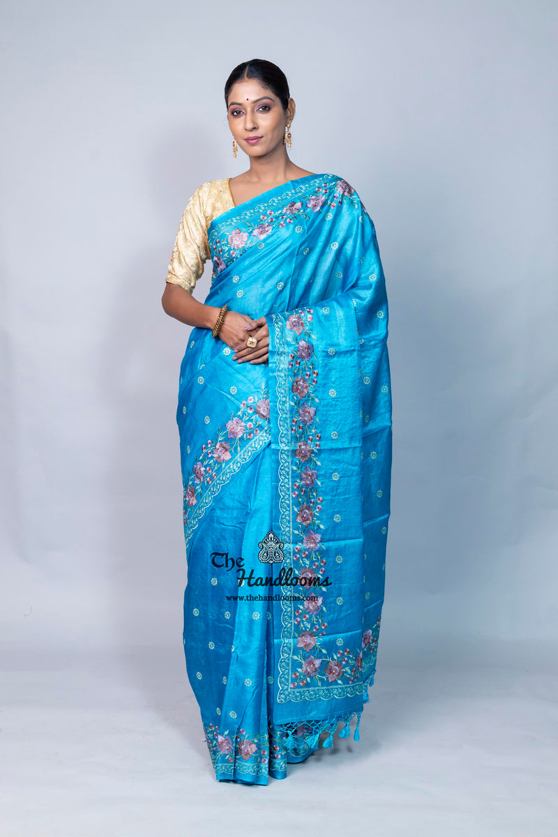 Tussar Silk Handloom Banarasi Saree With Chikankari