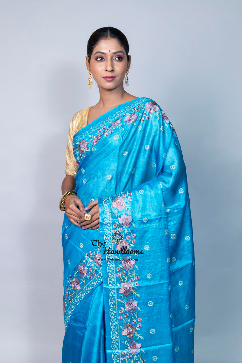 Tussar Silk Handloom Banarasi Saree With Chikankari