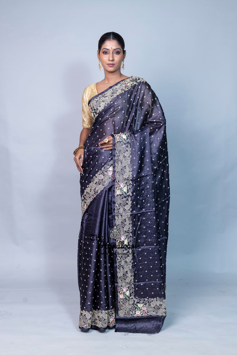 Tussar Silk Handloom Banarasi Saree With Chikankari