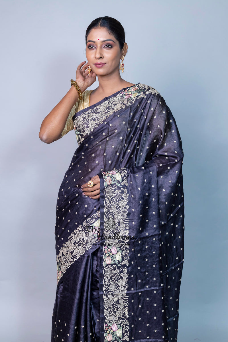 Tussar Silk Handloom Banarasi Saree With Chikankari