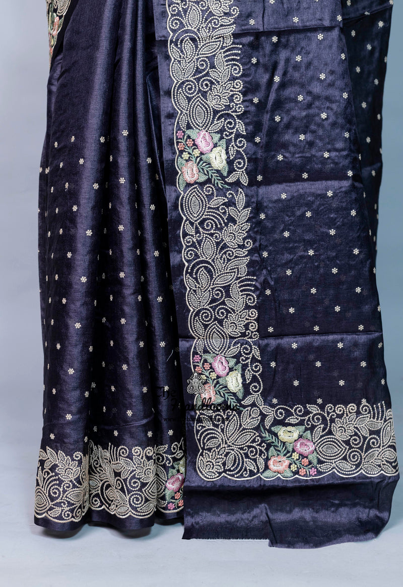 Tussar Silk Handloom Banarasi Saree With Chikankari