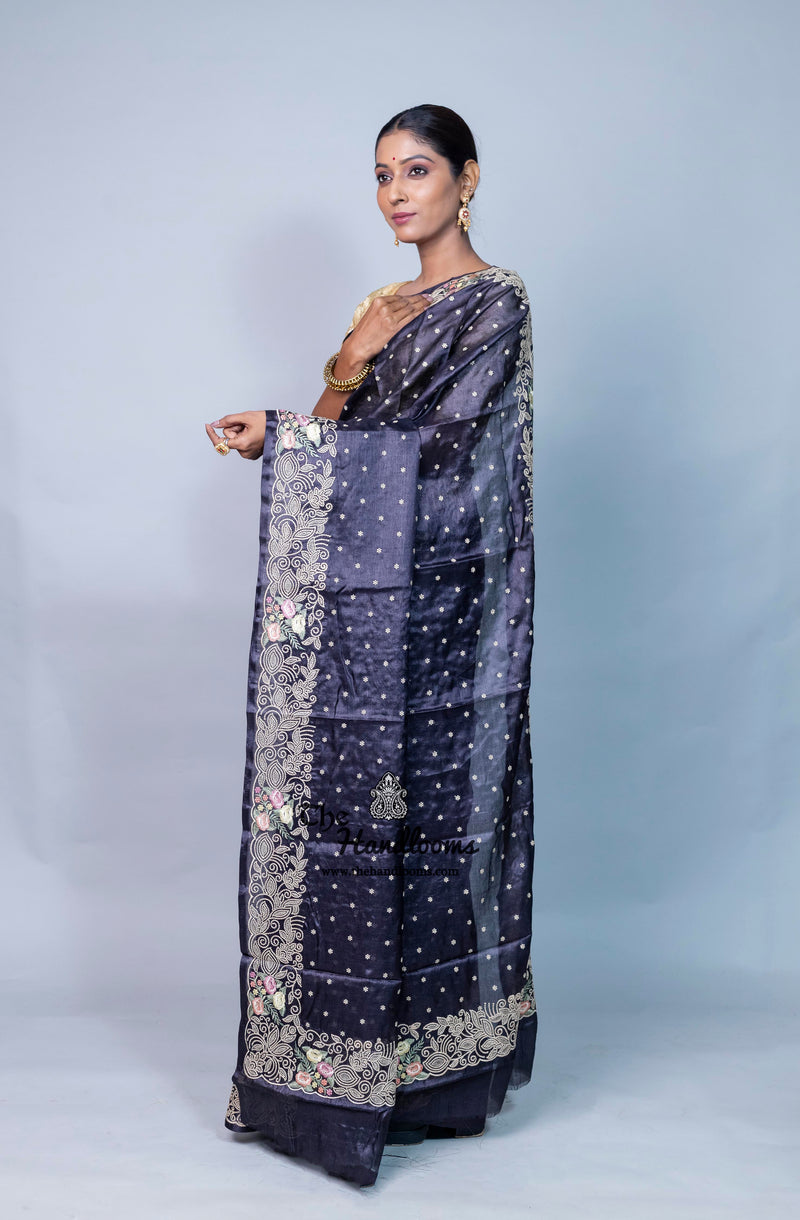 Tussar Silk Handloom Banarasi Saree With Chikankari