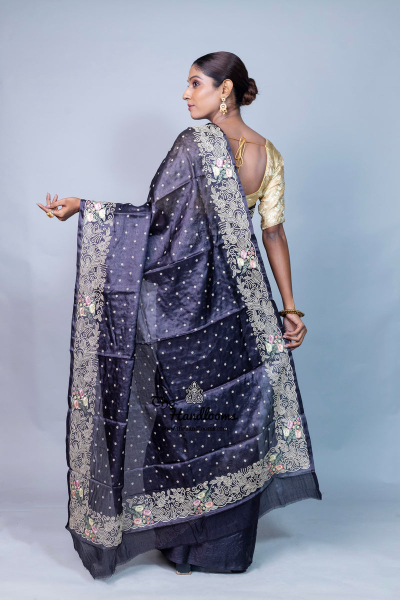 Tussar Silk Handloom Banarasi Saree With Chikankari