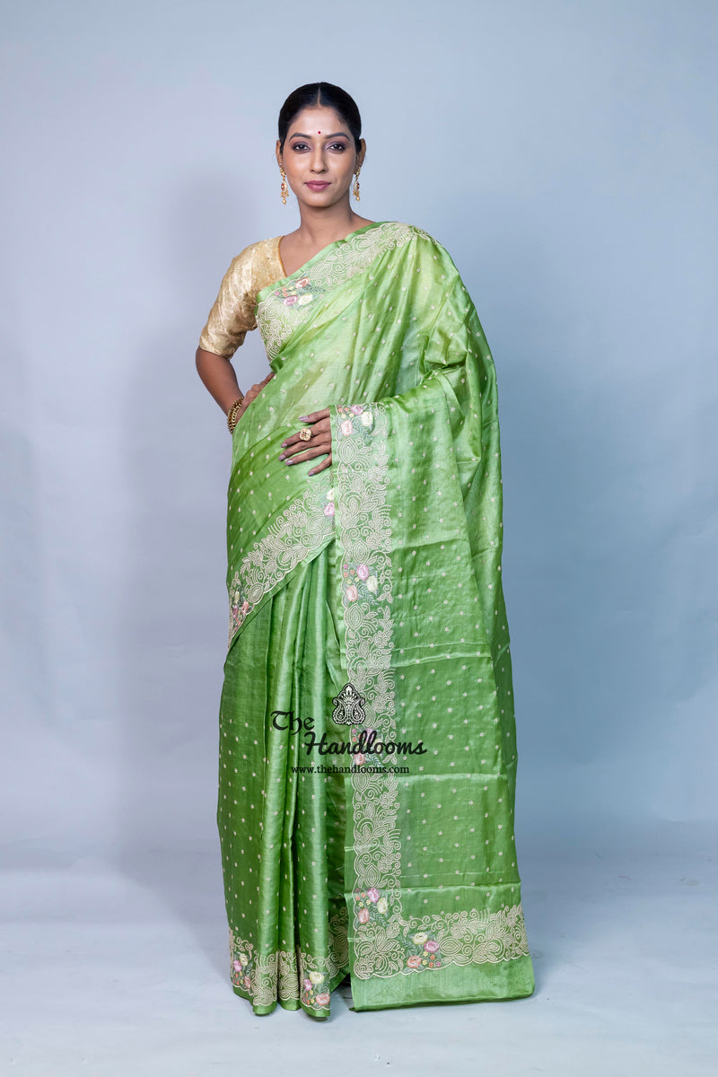 Tussar Silk Handloom Banarasi Saree With Chikankari