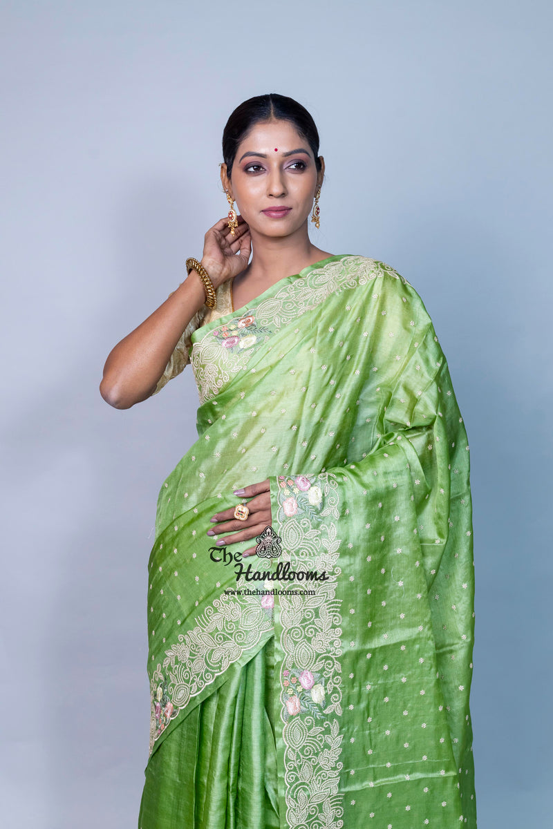 Tussar Silk Handloom Banarasi Saree With Chikankari