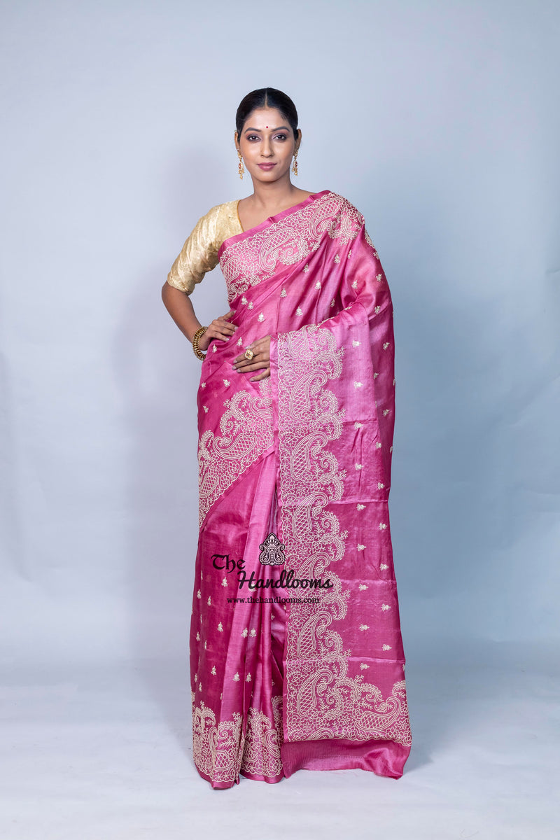 Tussar Silk Handloom Banarasi Saree With Chikankari