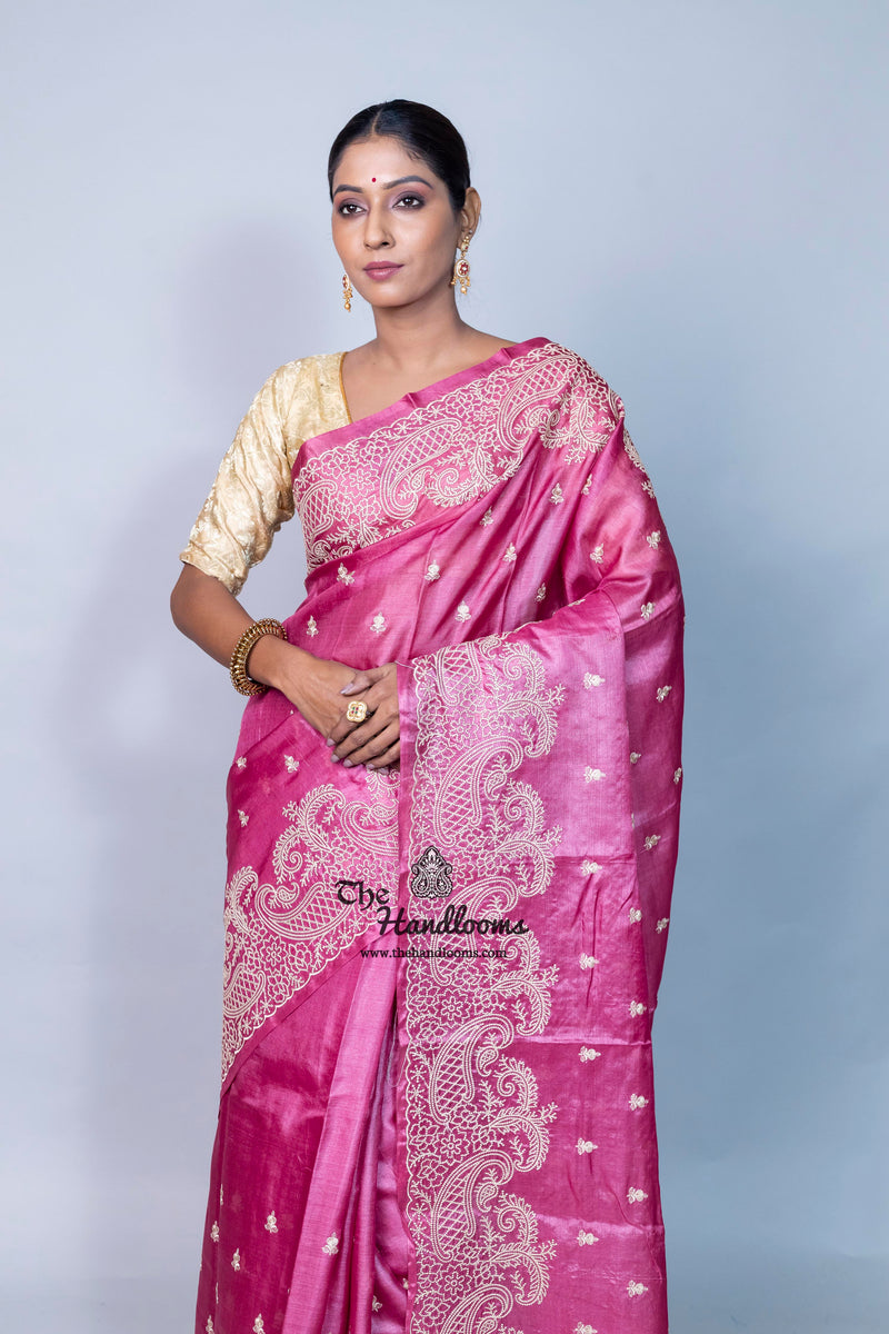 Tussar Silk Handloom Banarasi Saree With Chikankari