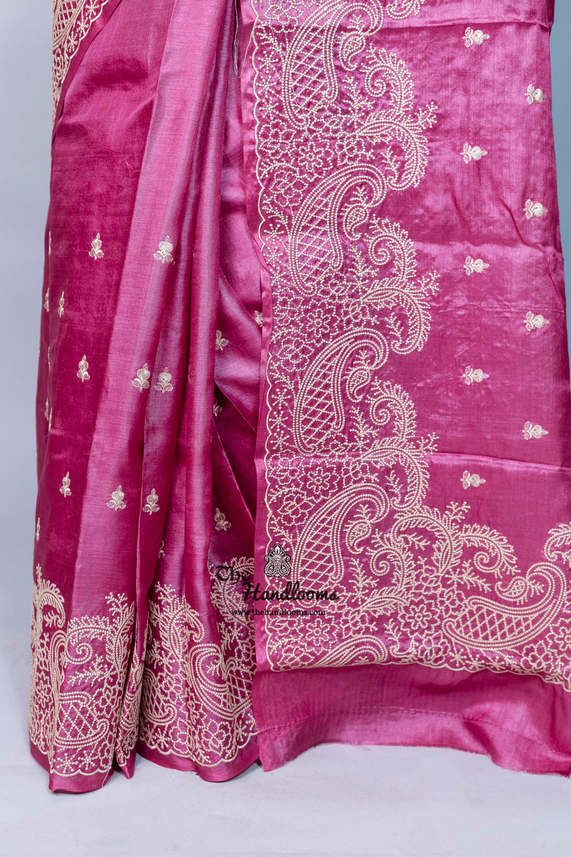 Tussar Silk Handloom Banarasi Saree With Chikankari