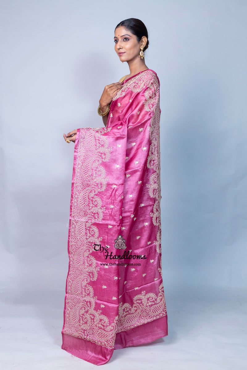 Tussar Silk Handloom Banarasi Saree With Chikankari