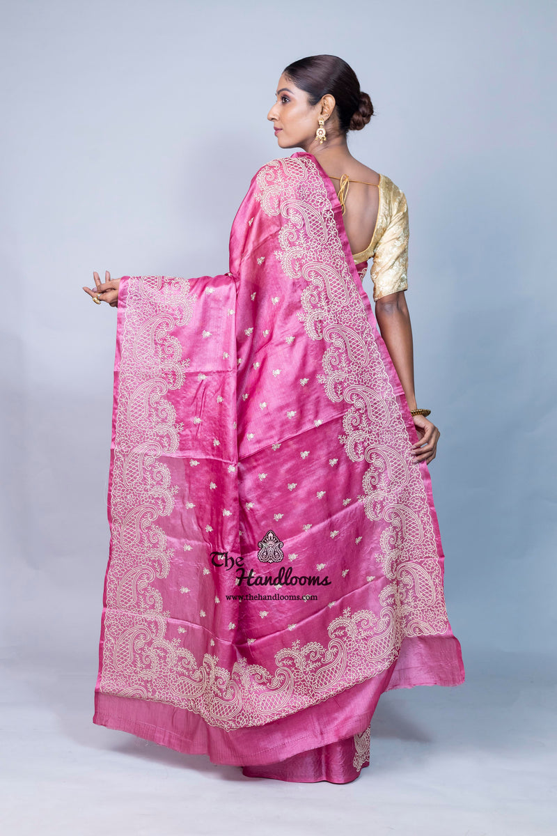 Tussar Silk Handloom Banarasi Saree With Chikankari