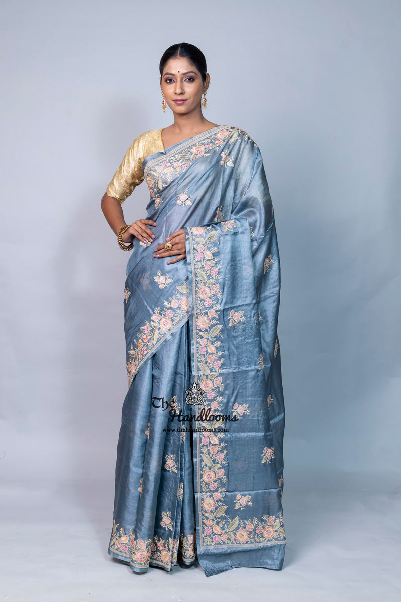 Tussar Silk Handloom Banarasi Saree With Chikankari