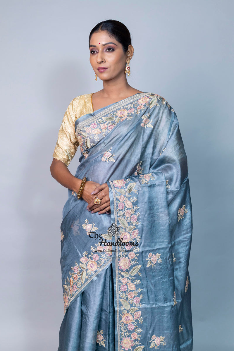 Tussar Silk Handloom Banarasi Saree With Chikankari