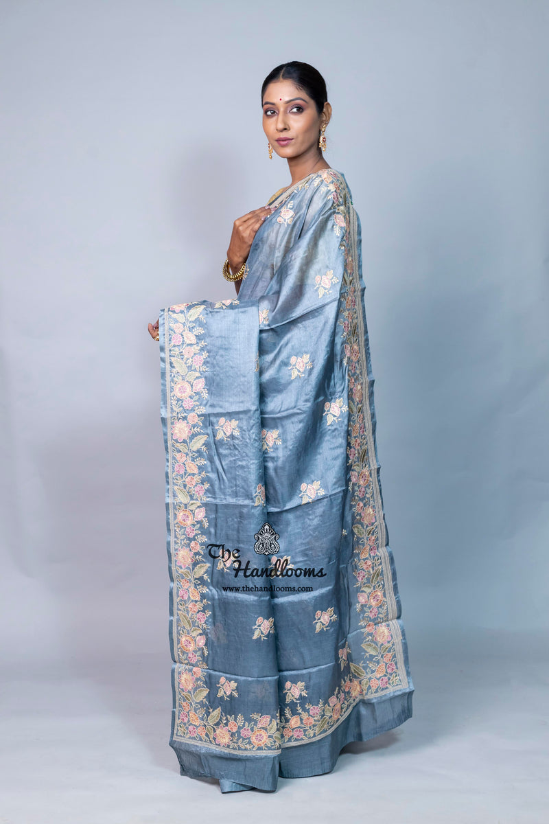 Tussar Silk Handloom Banarasi Saree With Chikankari