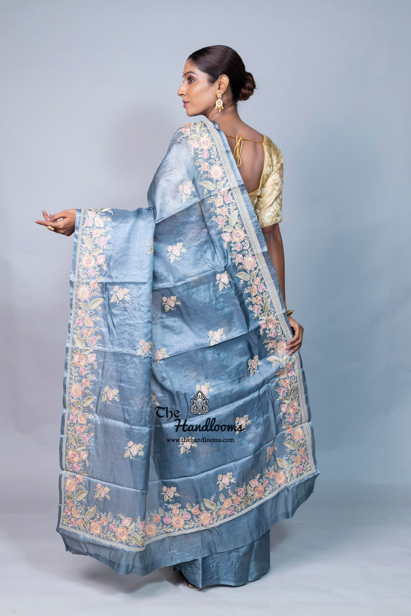 Tussar Silk Handloom Banarasi Saree With Chikankari