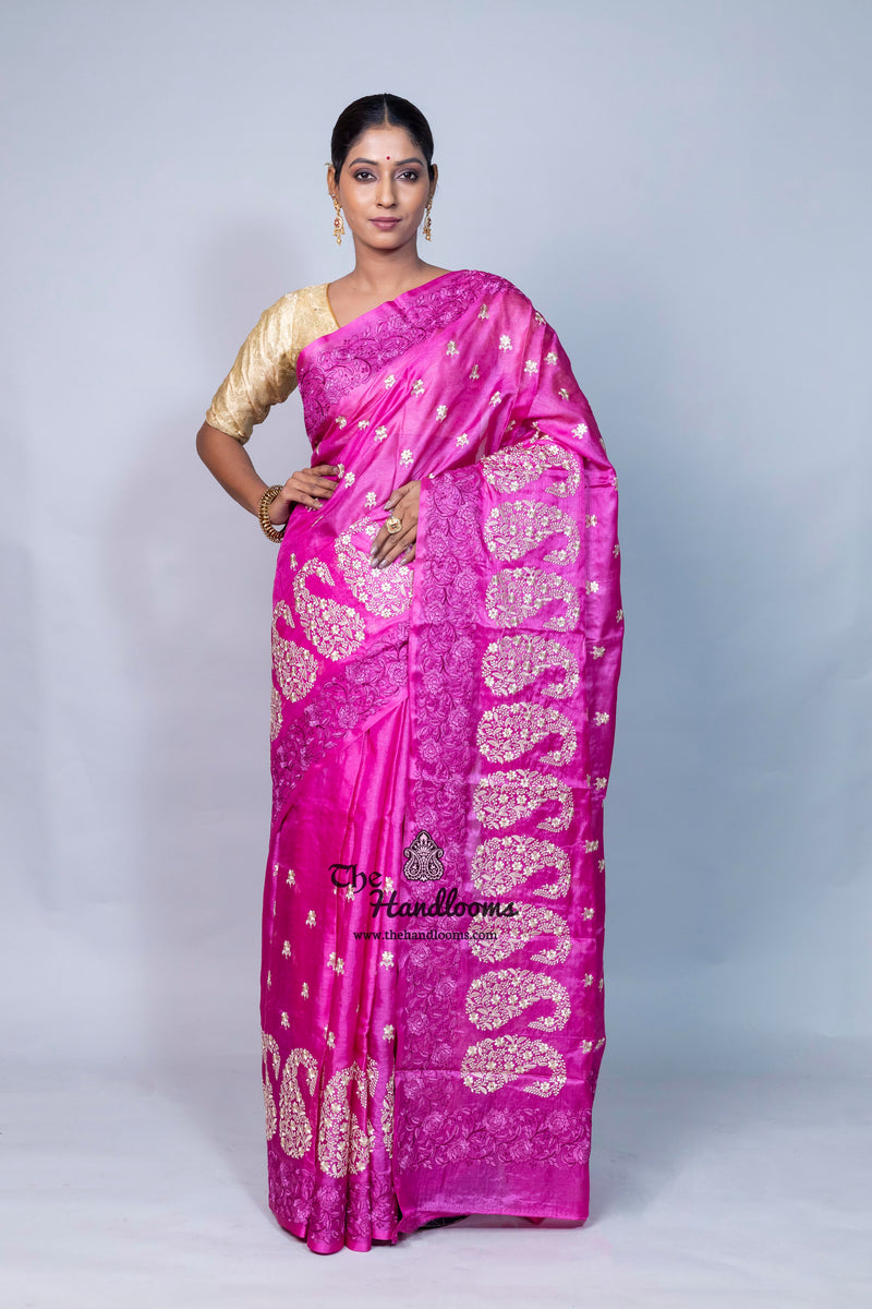Tussar Silk Handloom Banarasi Saree With Chikankari