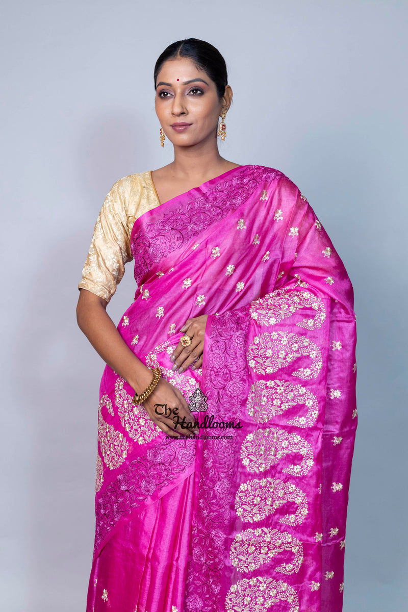 Tussar Silk Handloom Banarasi Saree With Chikankari
