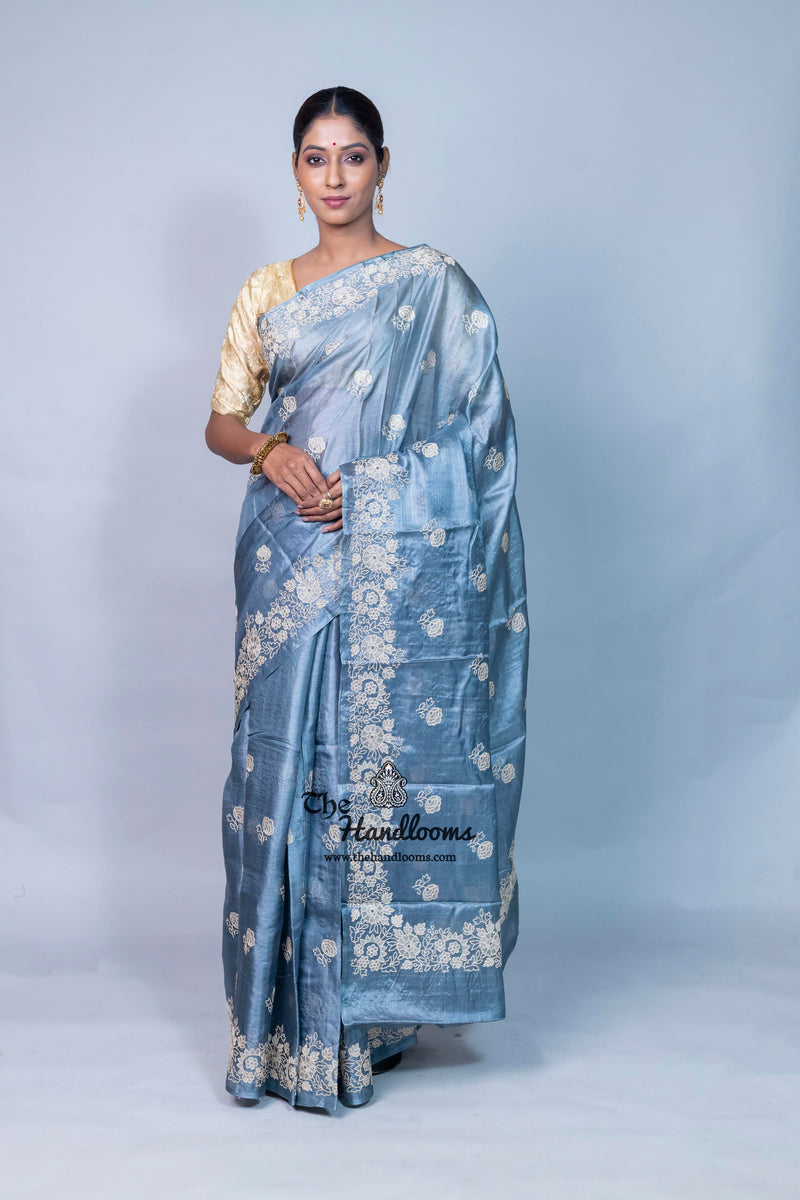 Tussar Silk Handloom Banarasi Saree With Chikankari