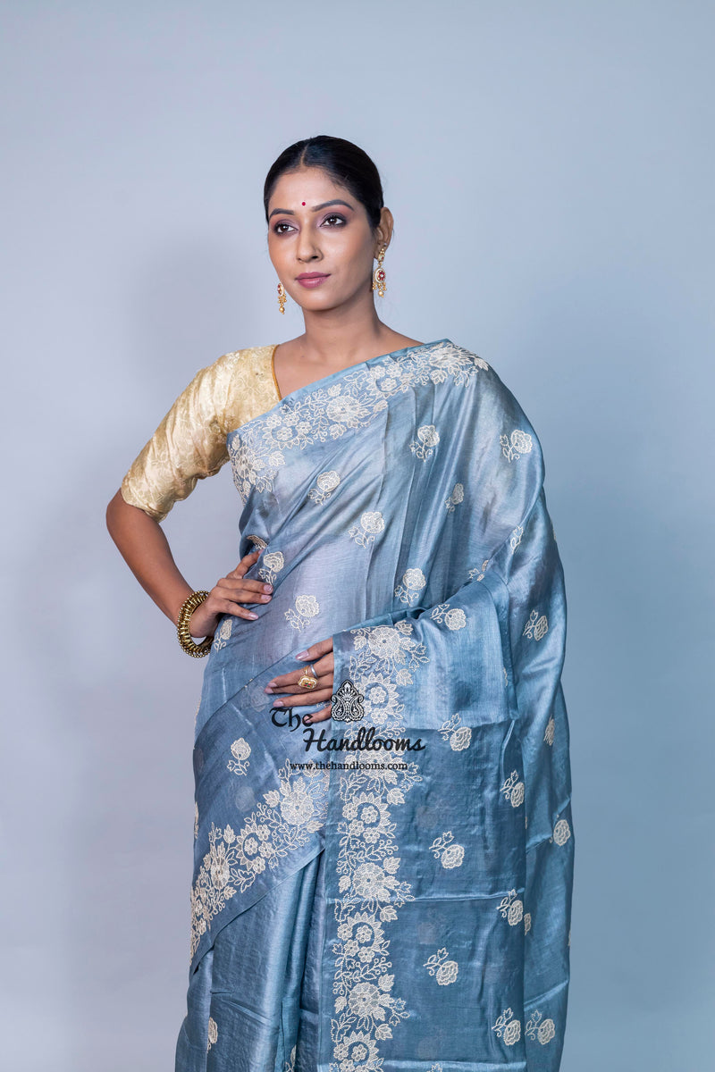 Tussar Silk Handloom Banarasi Saree With Chikankari