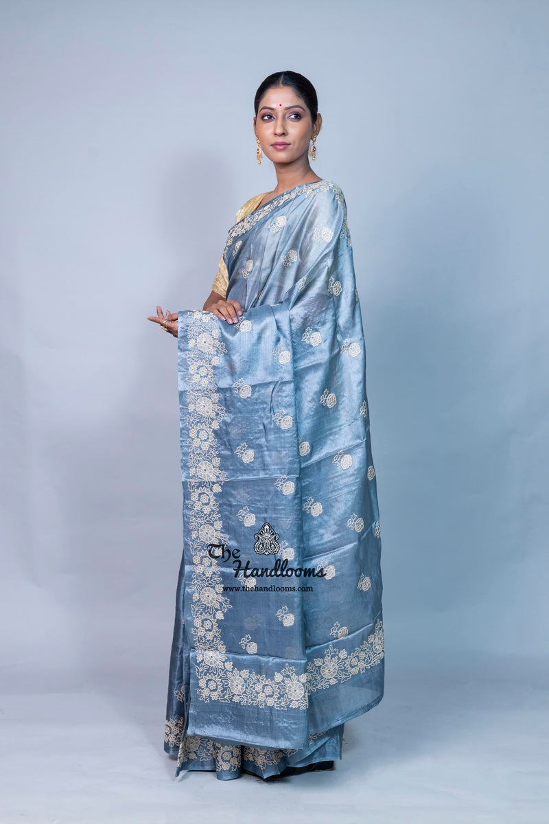 Tussar Silk Handloom Banarasi Saree With Chikankari