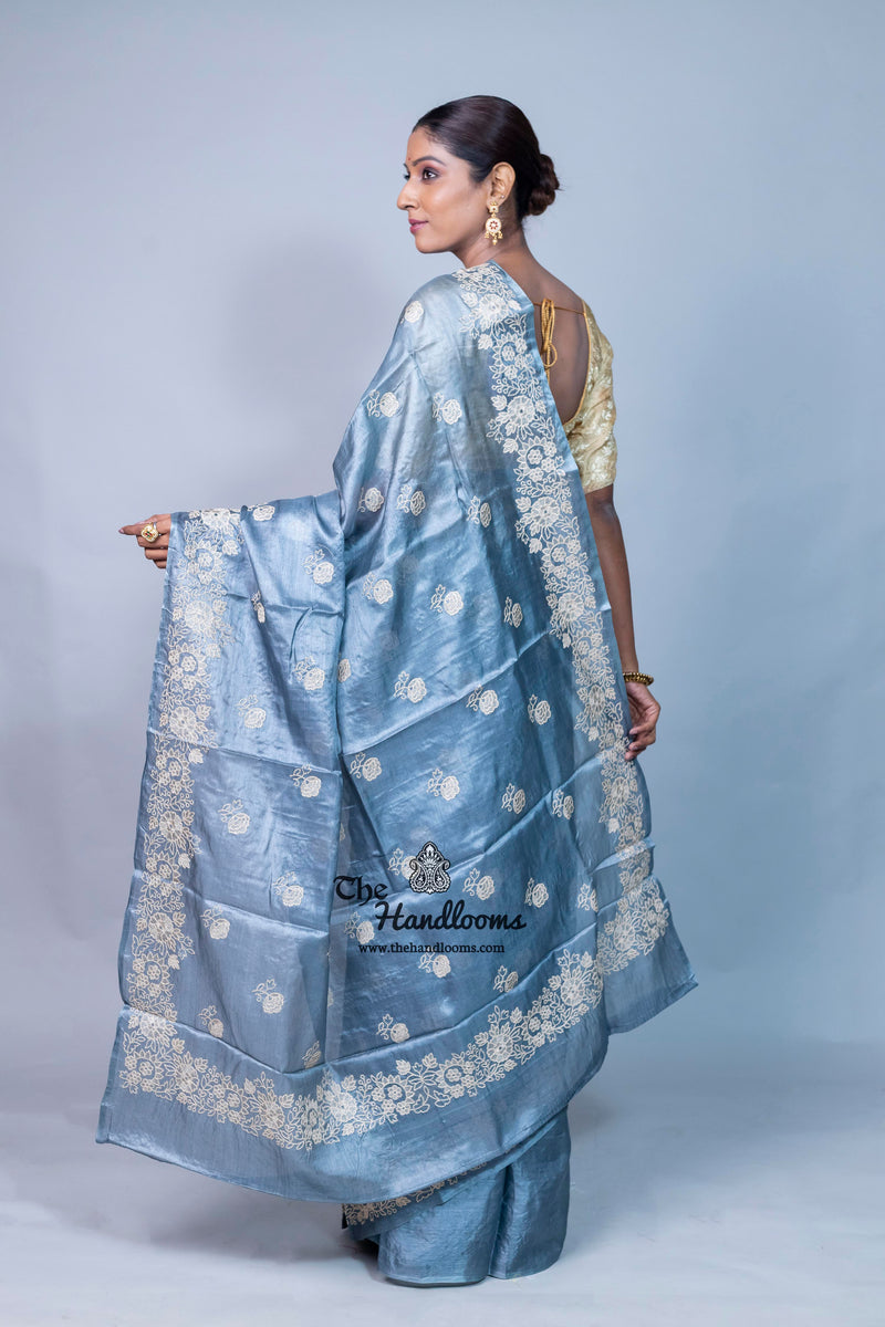 Tussar Silk Handloom Banarasi Saree With Chikankari