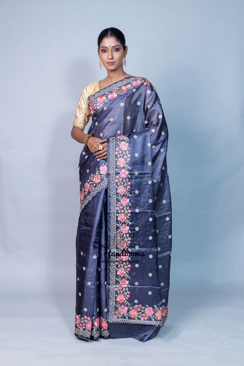 Tussar Silk Handloom Banarasi Saree With Chikankari