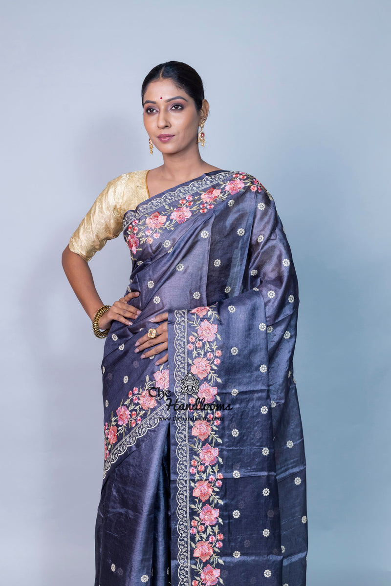 Tussar Silk Handloom Banarasi Saree With Chikankari