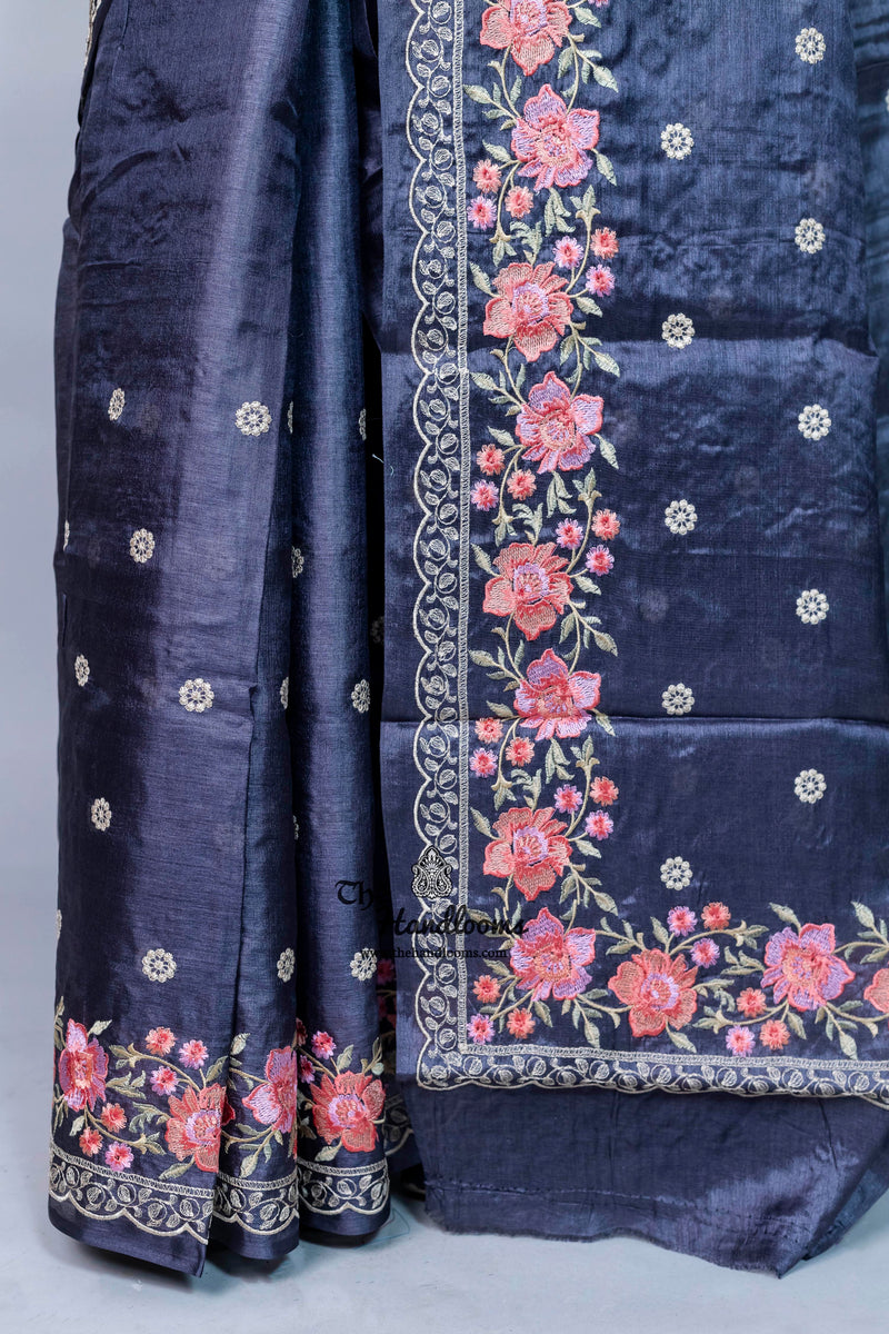 Tussar Silk Handloom Banarasi Saree With Chikankari